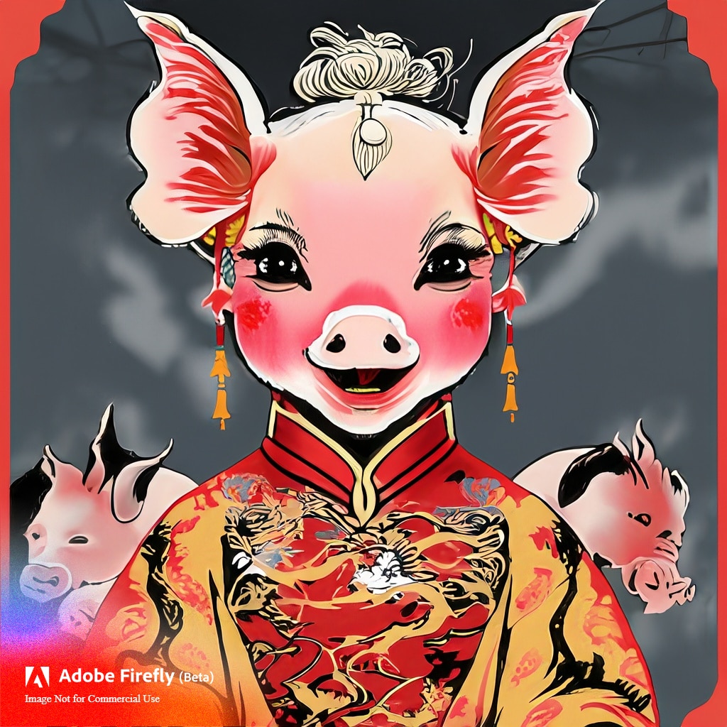 Firefly 生成中國宮廷美人楊貴妃，結合豬的臉孔，風格屬於水墨畫 684